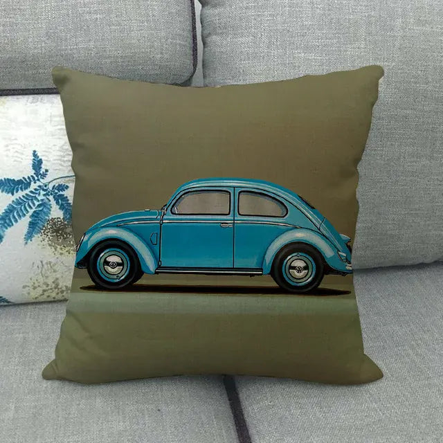 Housse de Coussin Décorative Motif VW Coccinelle Rétro Bleu Canard - 17 / 40x40cm