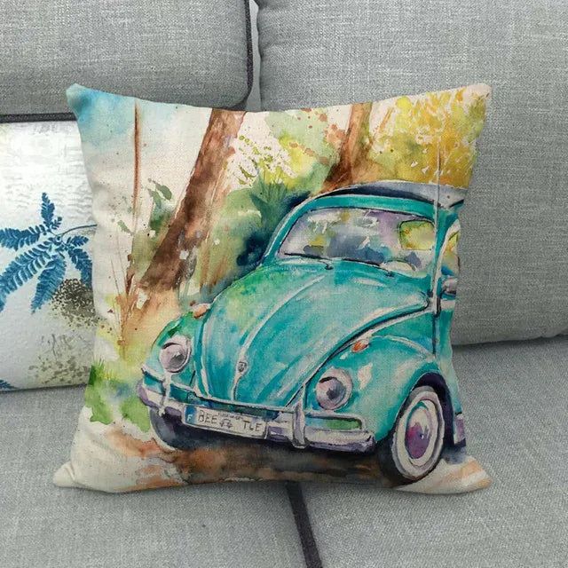 Housse de Coussin Décorative Motif VW Coccinelle Turquoise - 11 / 40x40cm