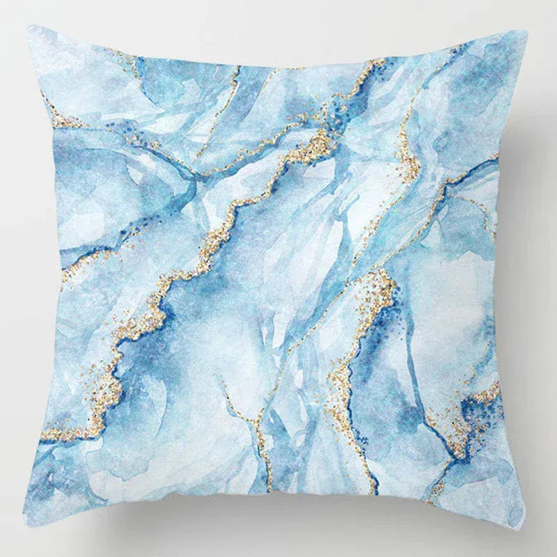 Housse de Coussin Motif Marbre Bleu Clair et Veines Dorées - 26 / 40x40cm