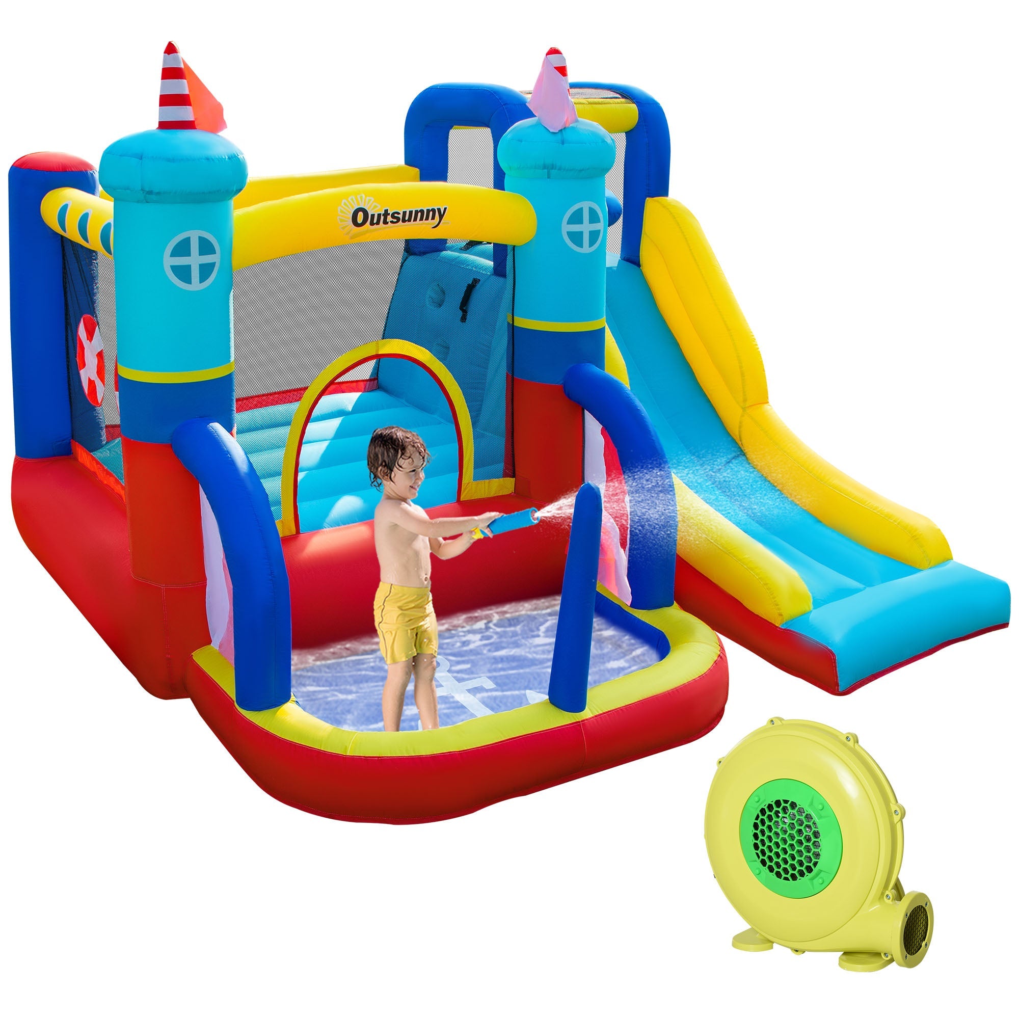 Outsunny 4 in 1 Kids Bouncy Castle Large Sailboat Style Inflatable House Slide Trampoline Water Pool Climbing Wall with Blower Carrybag for Kids Age