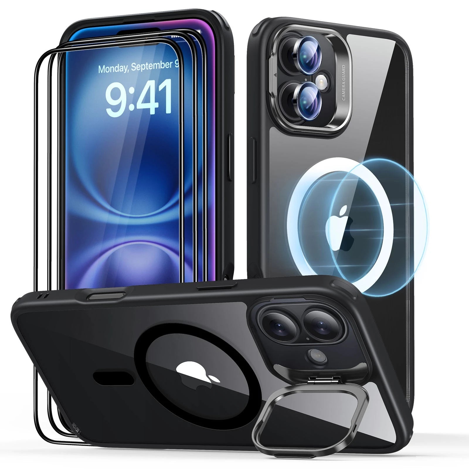 iPhone 16 Classic Hybrid with Stash Stand Protection Bundle - Clear Black - Clear Black