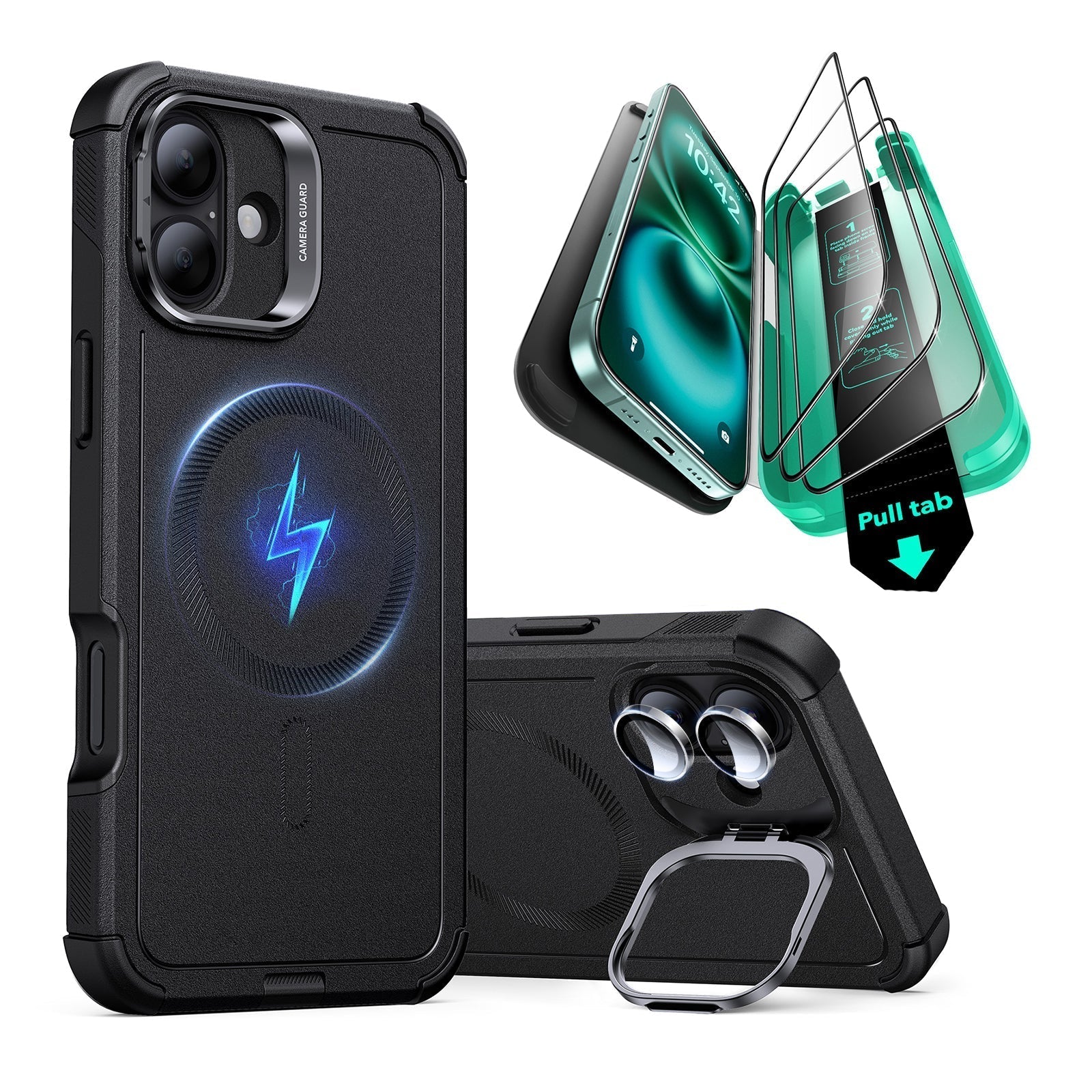 iPhone 16 Plus Cyber Tough Case with Stash Stand Protection Bundle - Black - Black