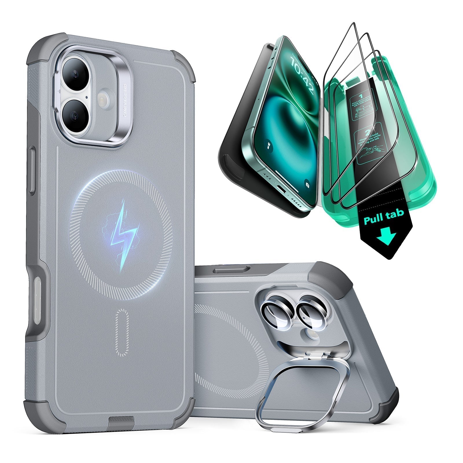 iPhone 16 Plus Cyber Tough Case with Stash Stand Protection Bundle - Light Grey - Light Grey