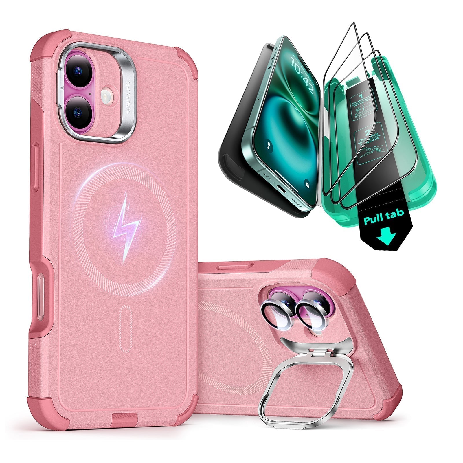 iPhone 16 Plus Cyber Tough Case with Stash Stand Protection Bundle - Pink - Pink