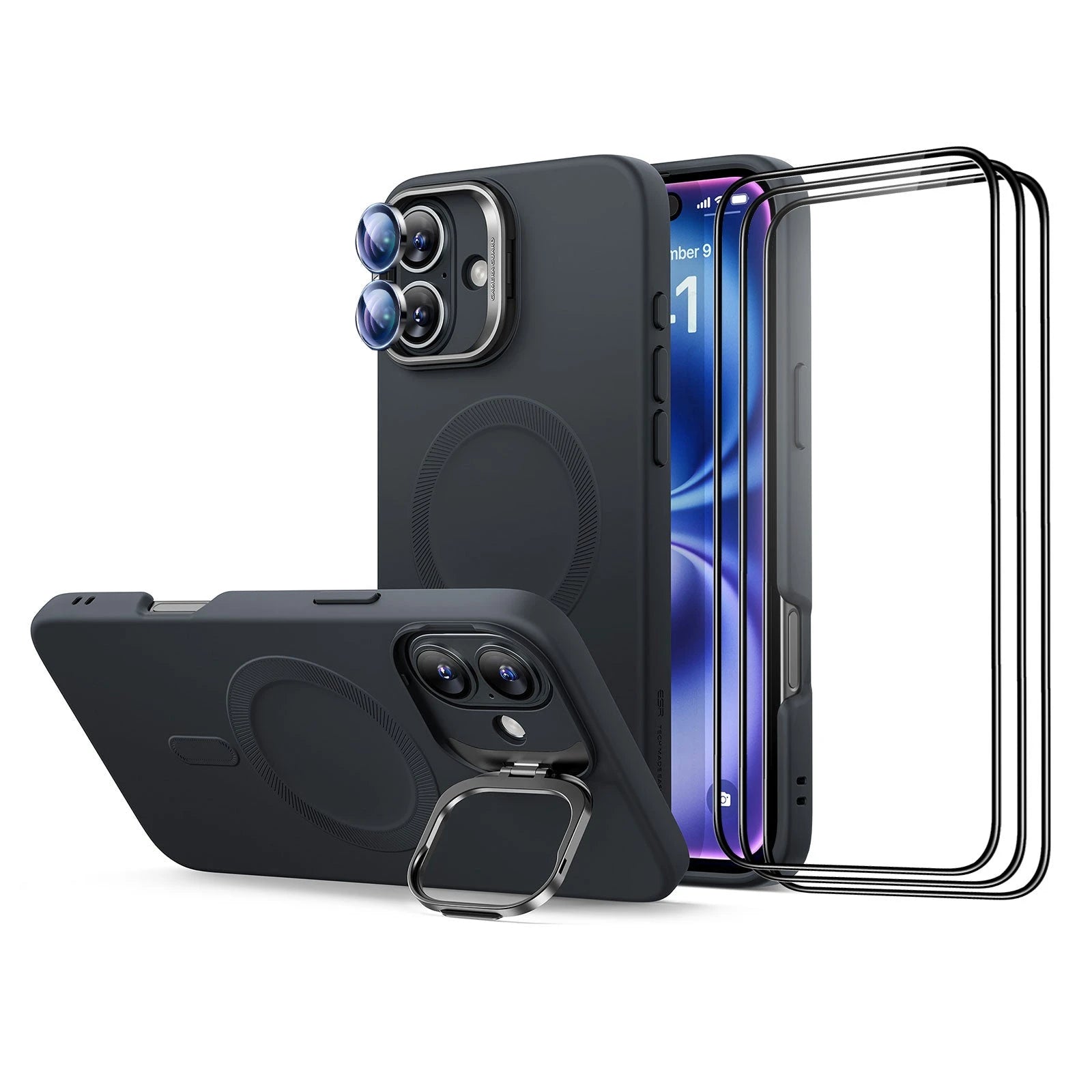 iPhone 16 Plus Cloud Soft Case with Stash Stand Protection Bundle - Black - Black