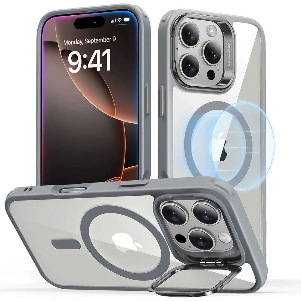 iPhone 16 Pro Classic Hybrid Case with Stash Stand (HaloLock) - Clear Grey - Clear Grey