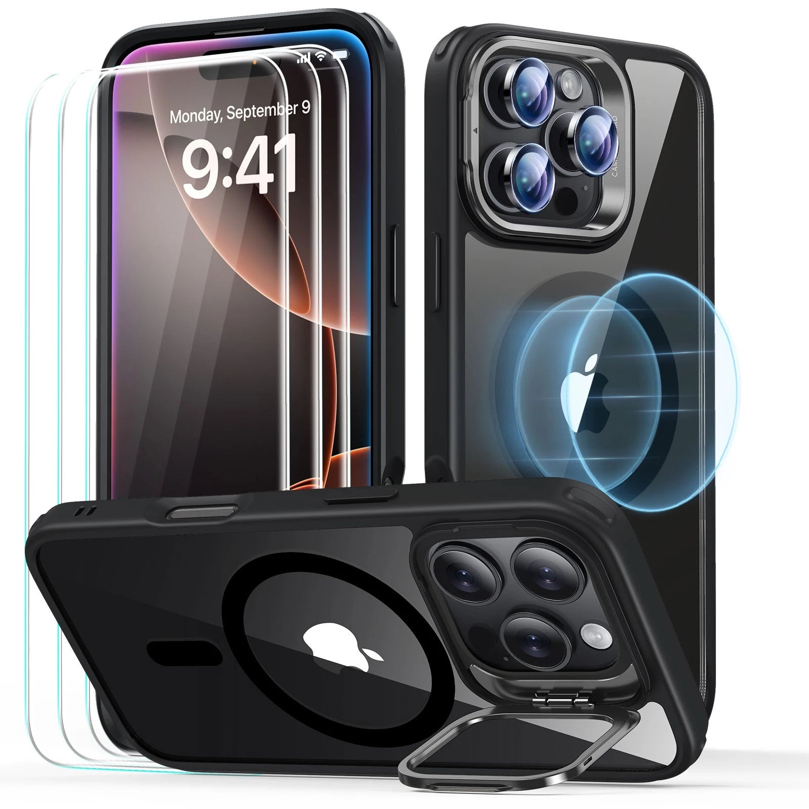 iPhone 16 Pro Classic Hybrid with Stash Stand Protection Bundle - Clear Black - Clear Black