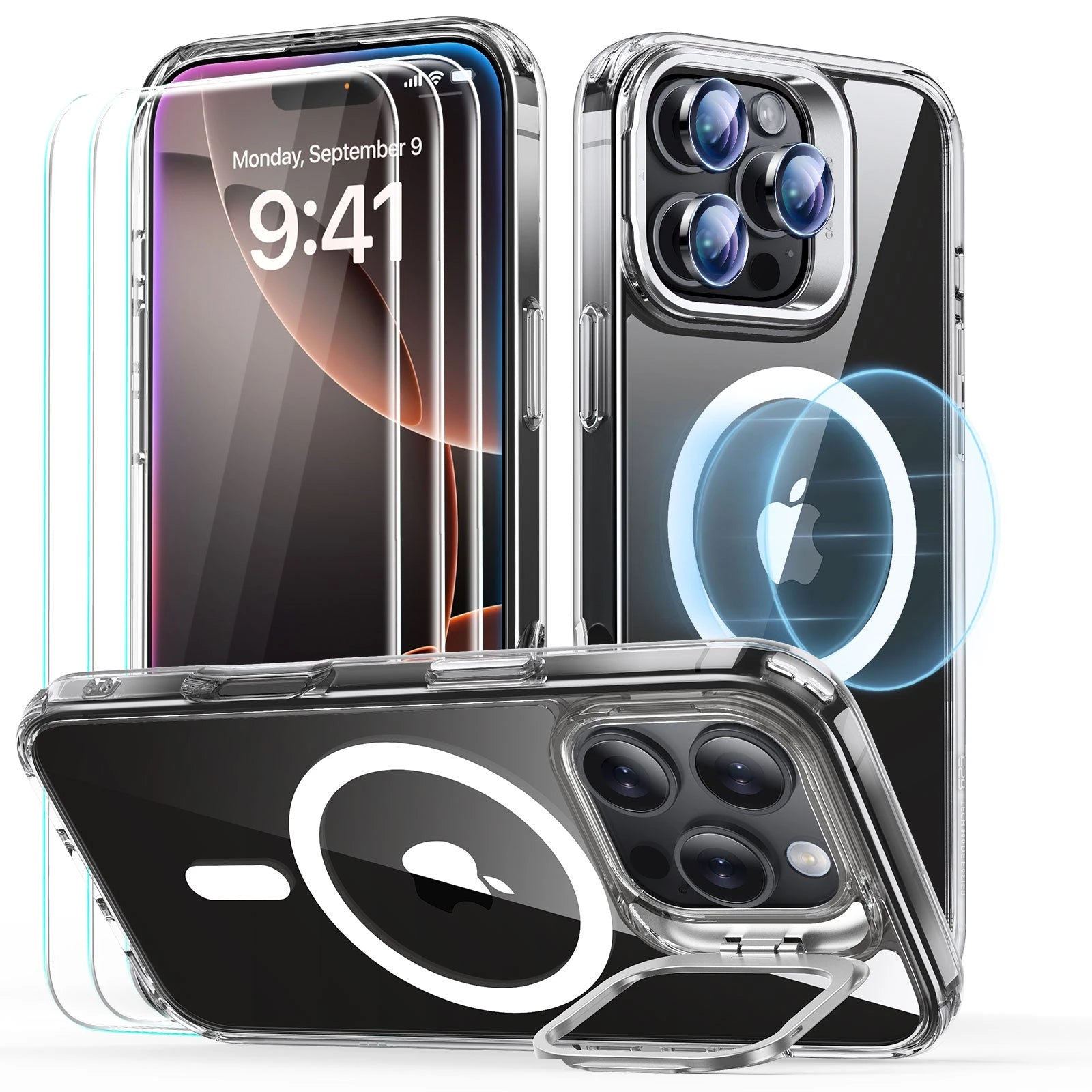 iPhone 16 Pro Classic Hybrid with Stash Stand Protection Bundle - Clear - Clear