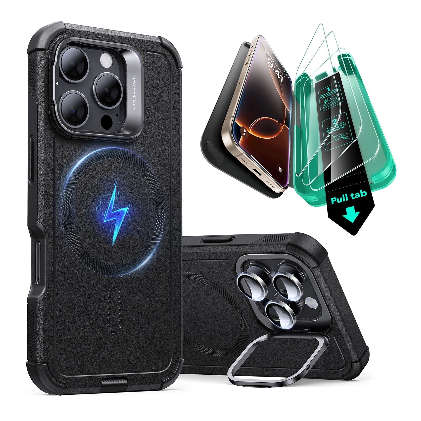 iPhone 16 Pro Cyber Tough Case with Stash Stand Protection Bundle - Black - Black