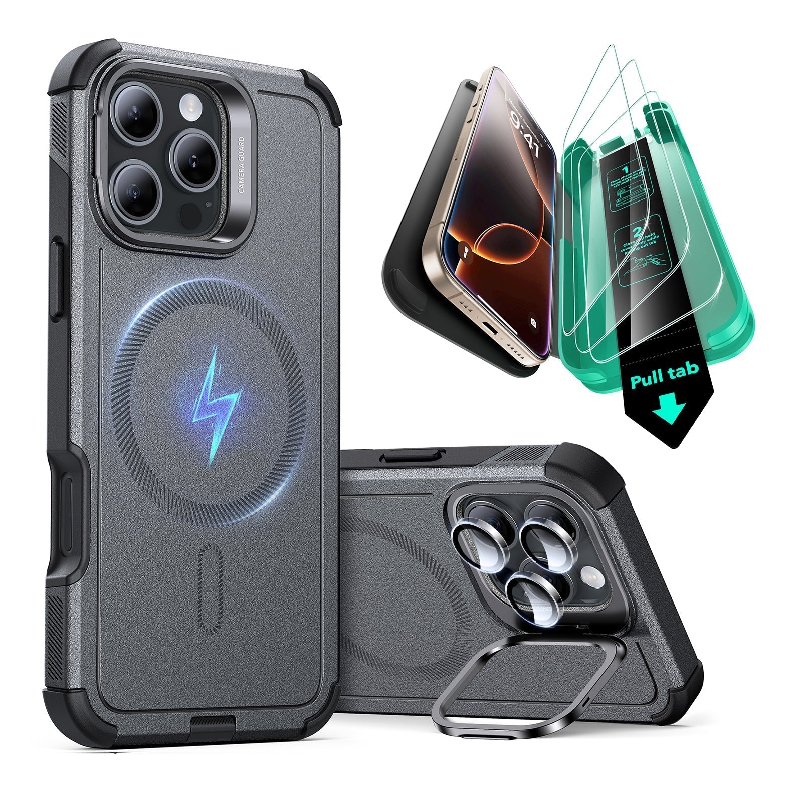 iPhone 16 Pro Cyber Tough Case with Stash Stand Protection Bundle - Gray - Gray
