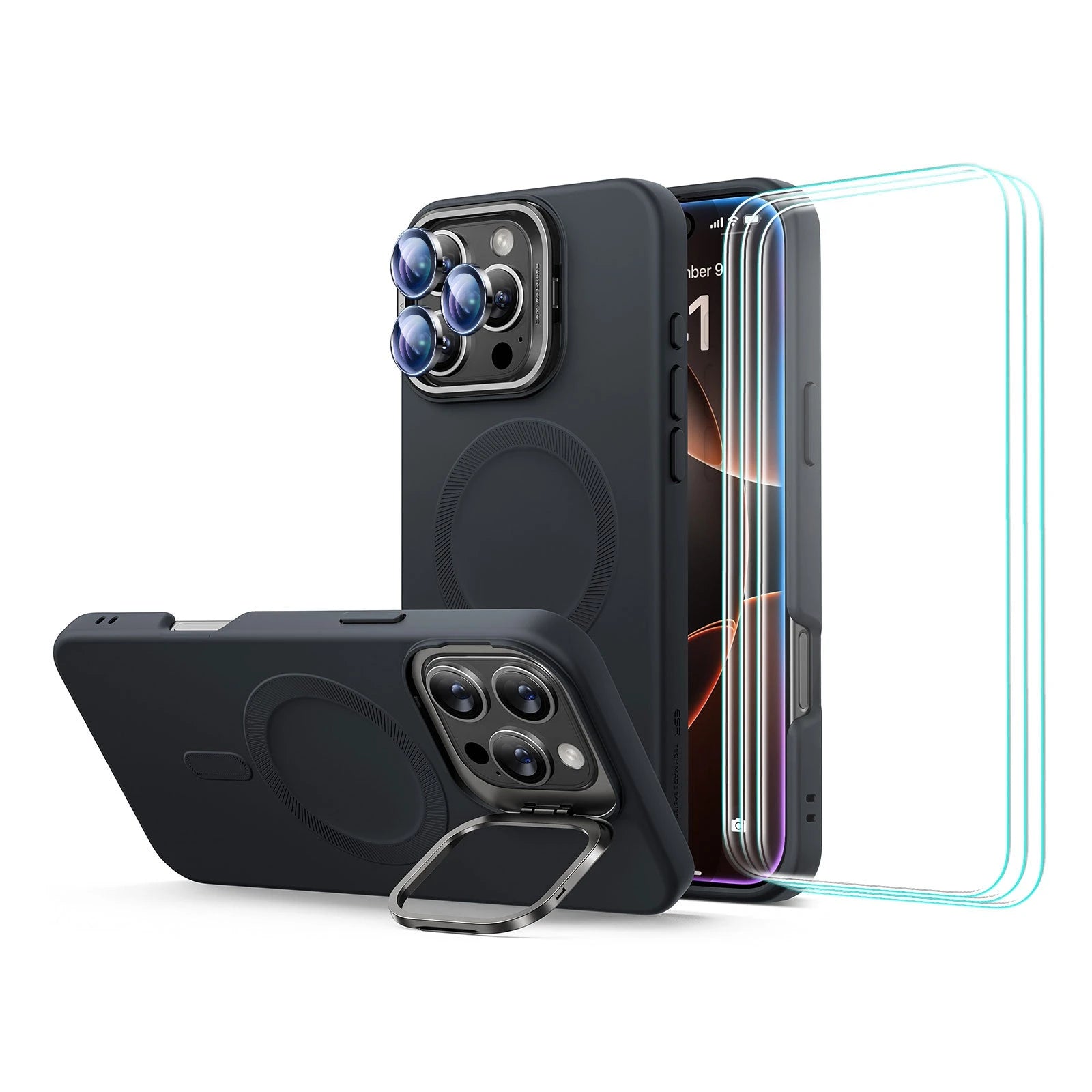 iPhone 16 Pro Cloud Soft Case with Stash Stand Protection Bundle - Black - Black