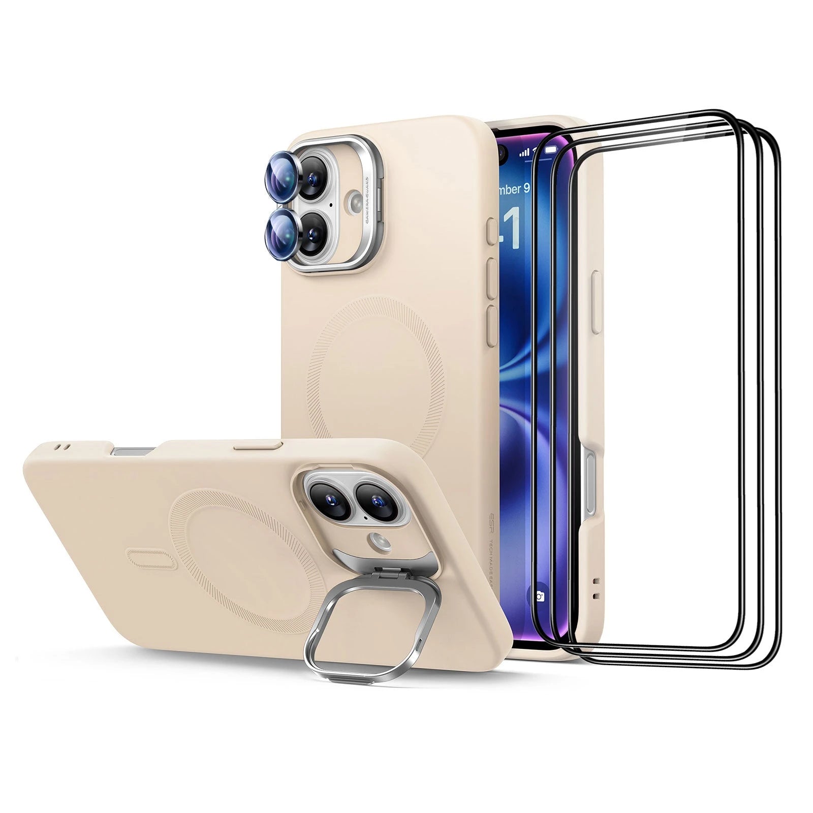 iPhone 16 Cloud Soft Case with Stash Stand Protection Bundle - Light Tan - Light Tan
