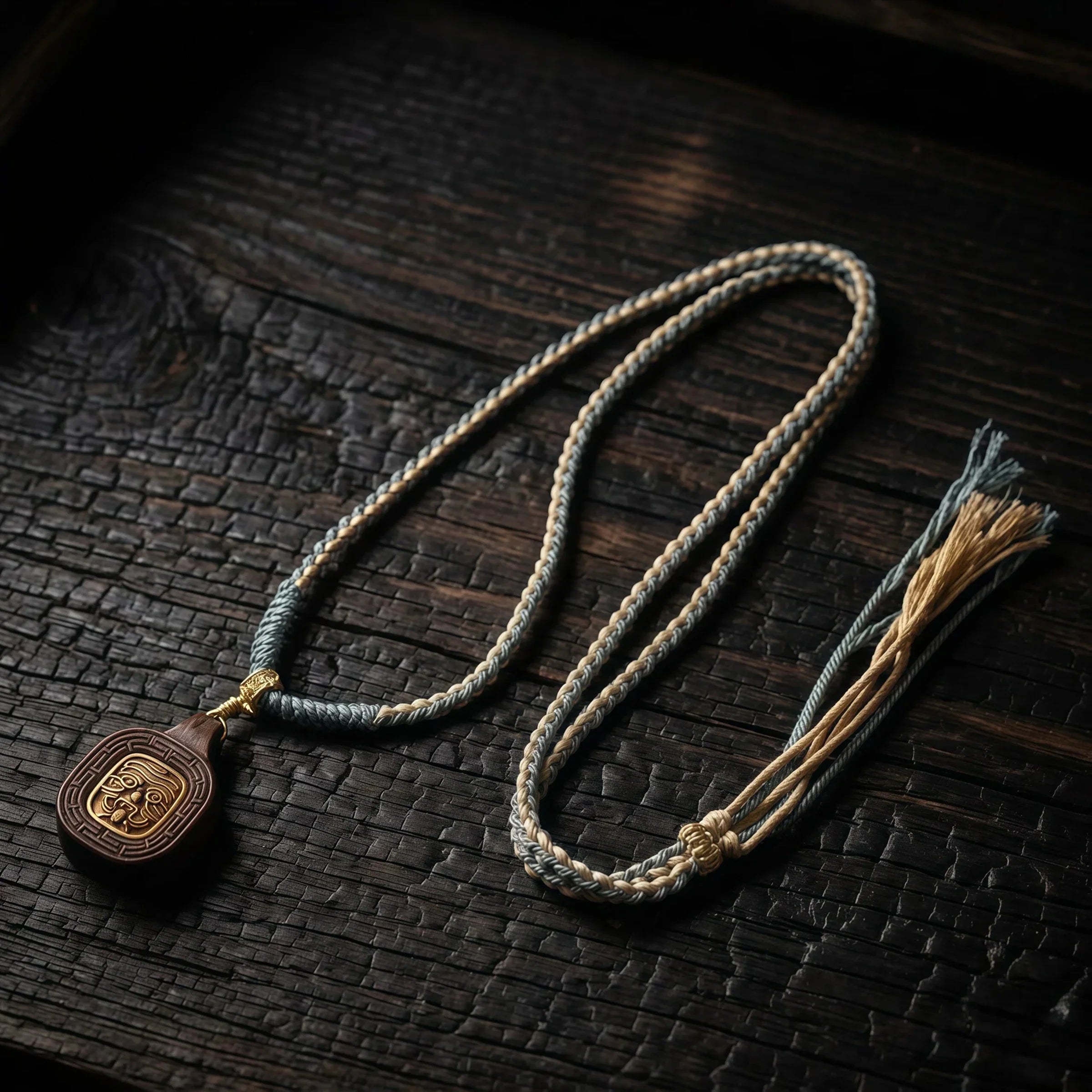 Wealth Blessing – Handwoven Tibetan Zashi Lhamo Wood Carving Necklace