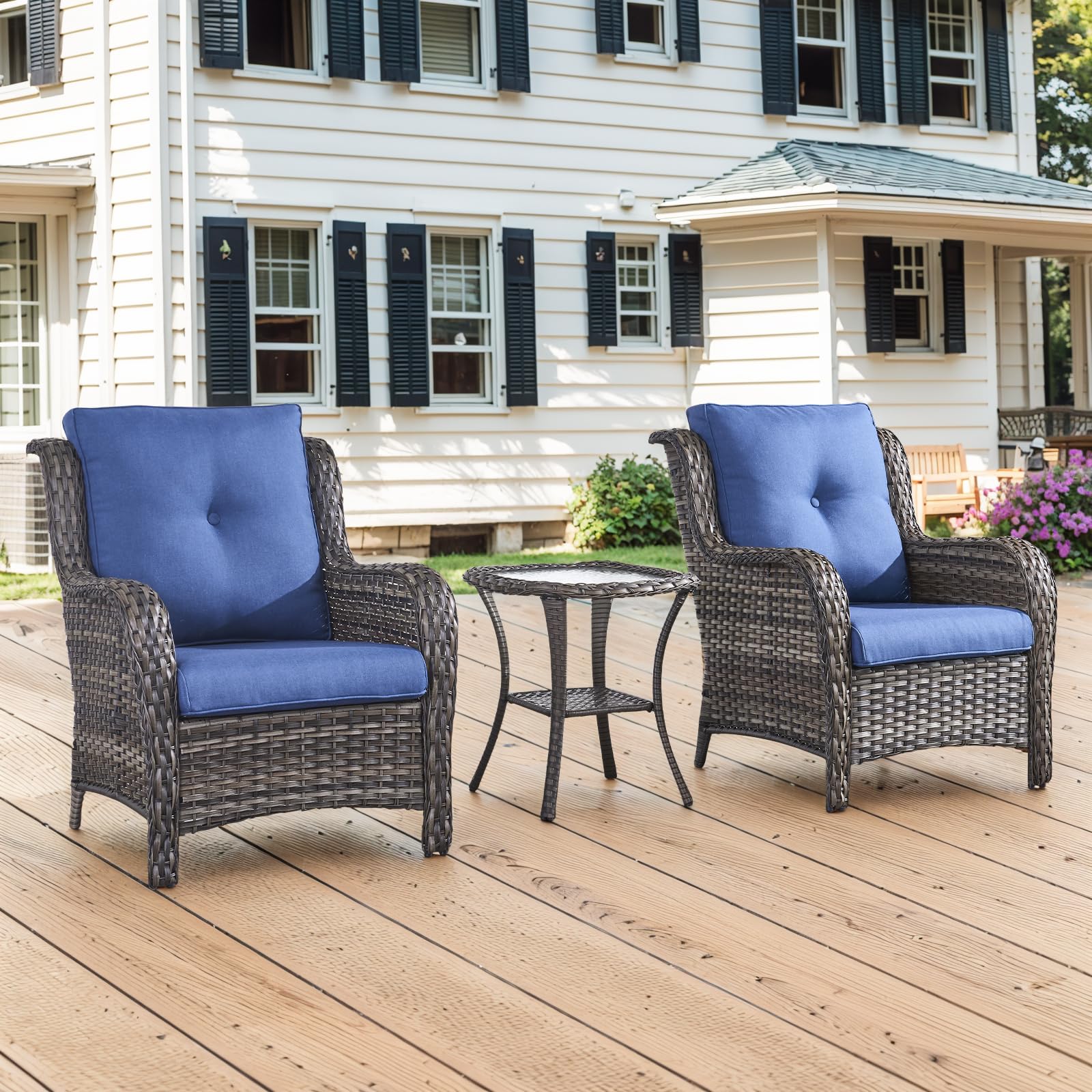 3 Piece Outdoor Furniture Set Patio Chairs with Side Table, NTC Series - Mixed Grey Wicker / Blue Cushion