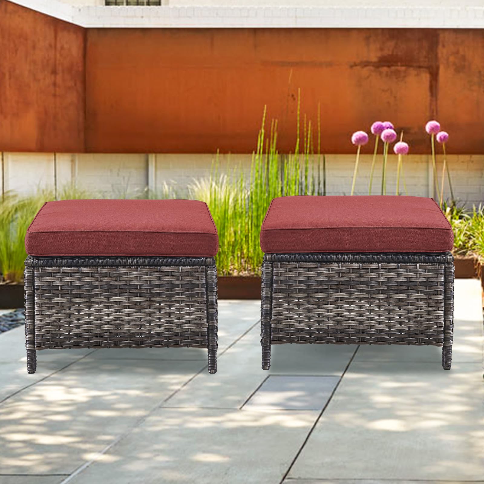 2 Pieces Patio Wicker Ottoman Set, Side Table Use, NTC Series - Mixed Grey Wicker / Red Cushion