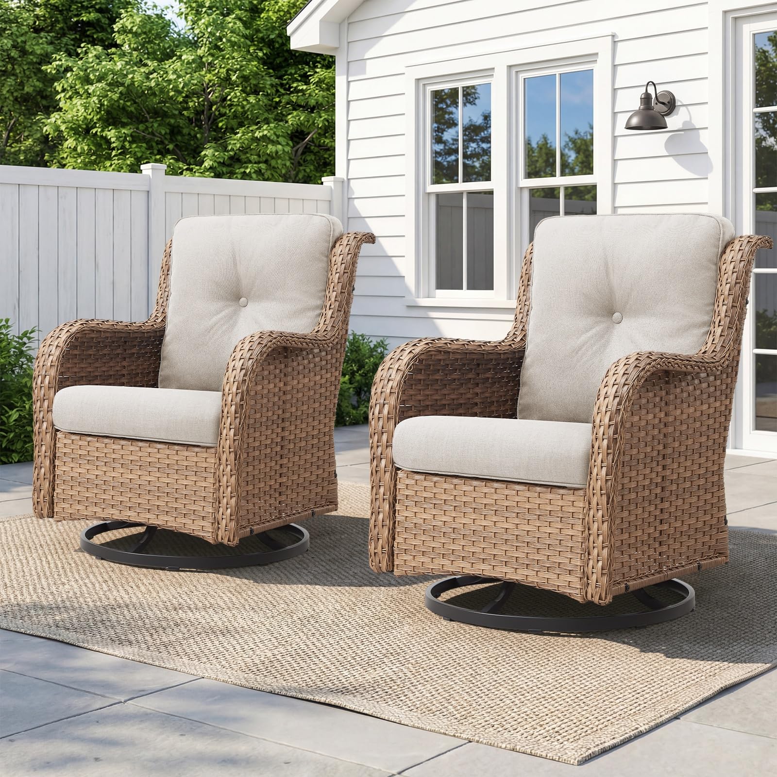Wicker Swivel Glider Chairs Set of 2 – 360°, 5" Cushions, 300 LB, NTC Series - Yellow Wicker / Beige Cushion