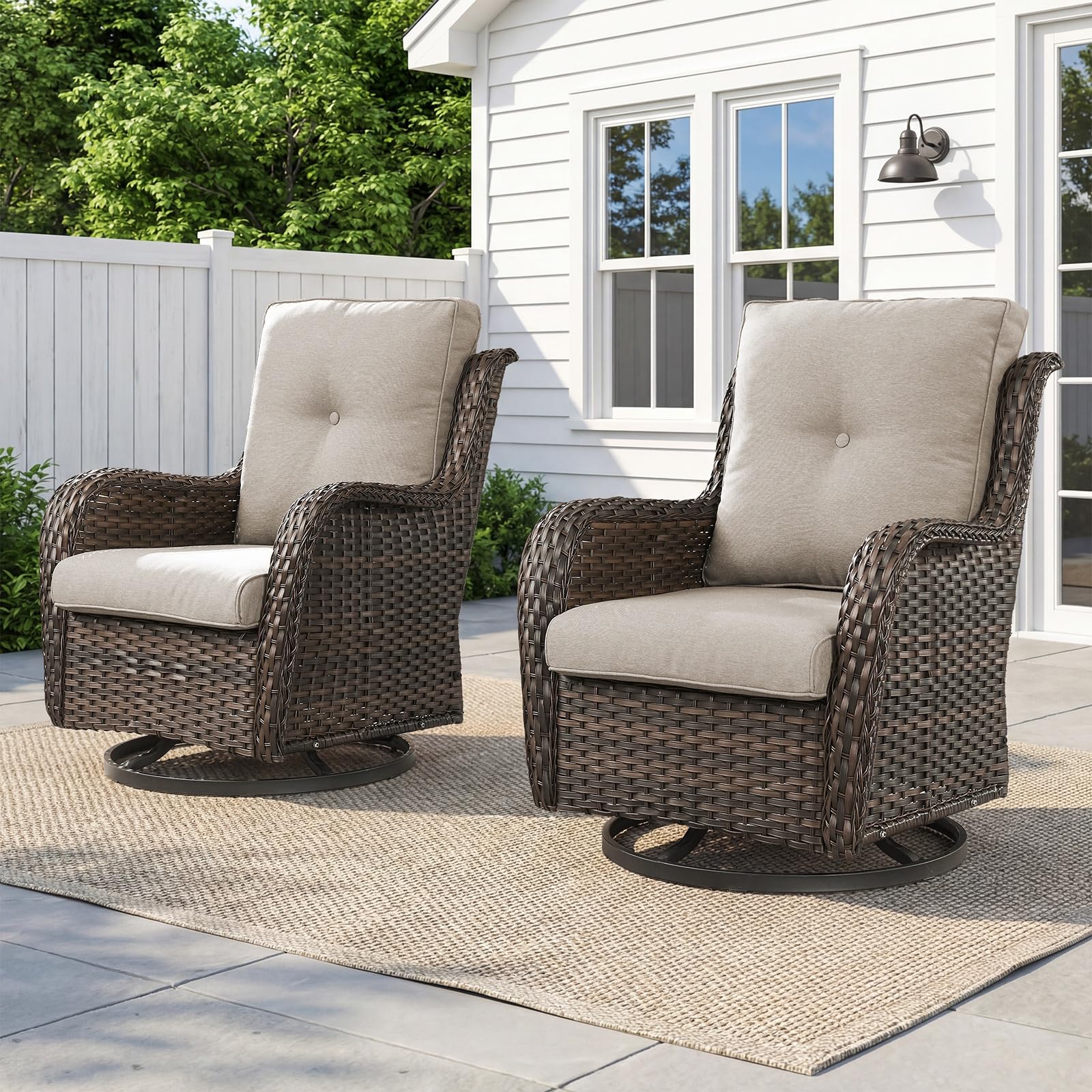 Wicker Swivel Glider Chairs Set of 2 – 360°, 5" Cushions, 300 LB, NTC Series - Brown Wicker / Beige Cushion