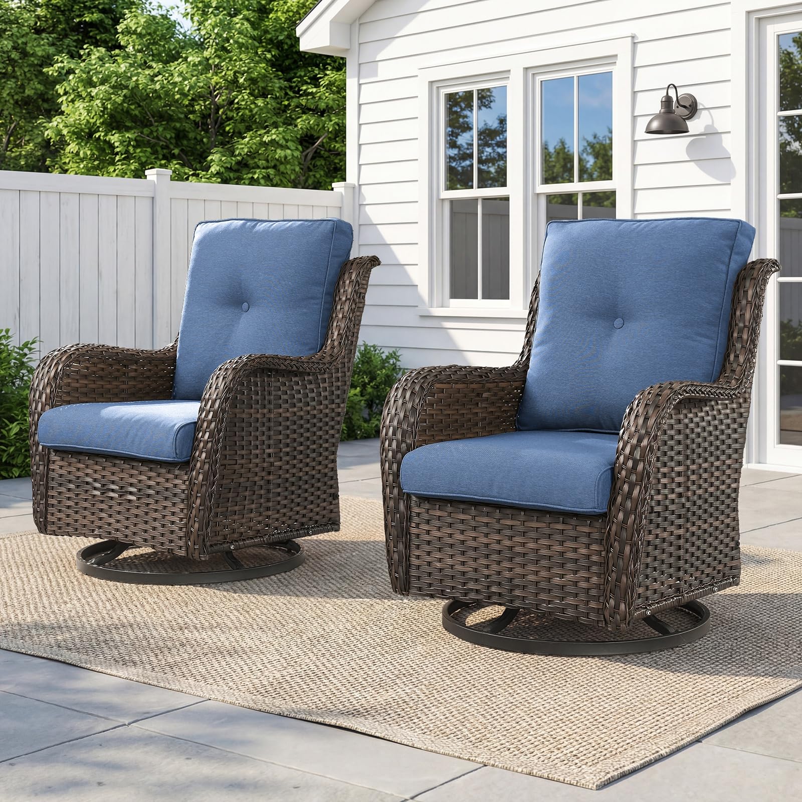 Wicker Swivel Glider Chairs Set of 2 – 360°, 5" Cushions, 300 LB, NTC Series - Brown Wicker / Blue Cushion