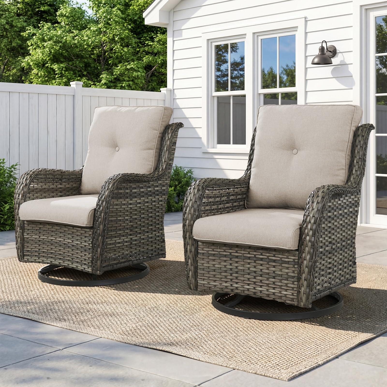 Wicker Swivel Glider Chairs Set of 2 – 360°, 5" Cushions, 300 LB, NTC Series - Mixed Grey Wicker / Beige Cushion