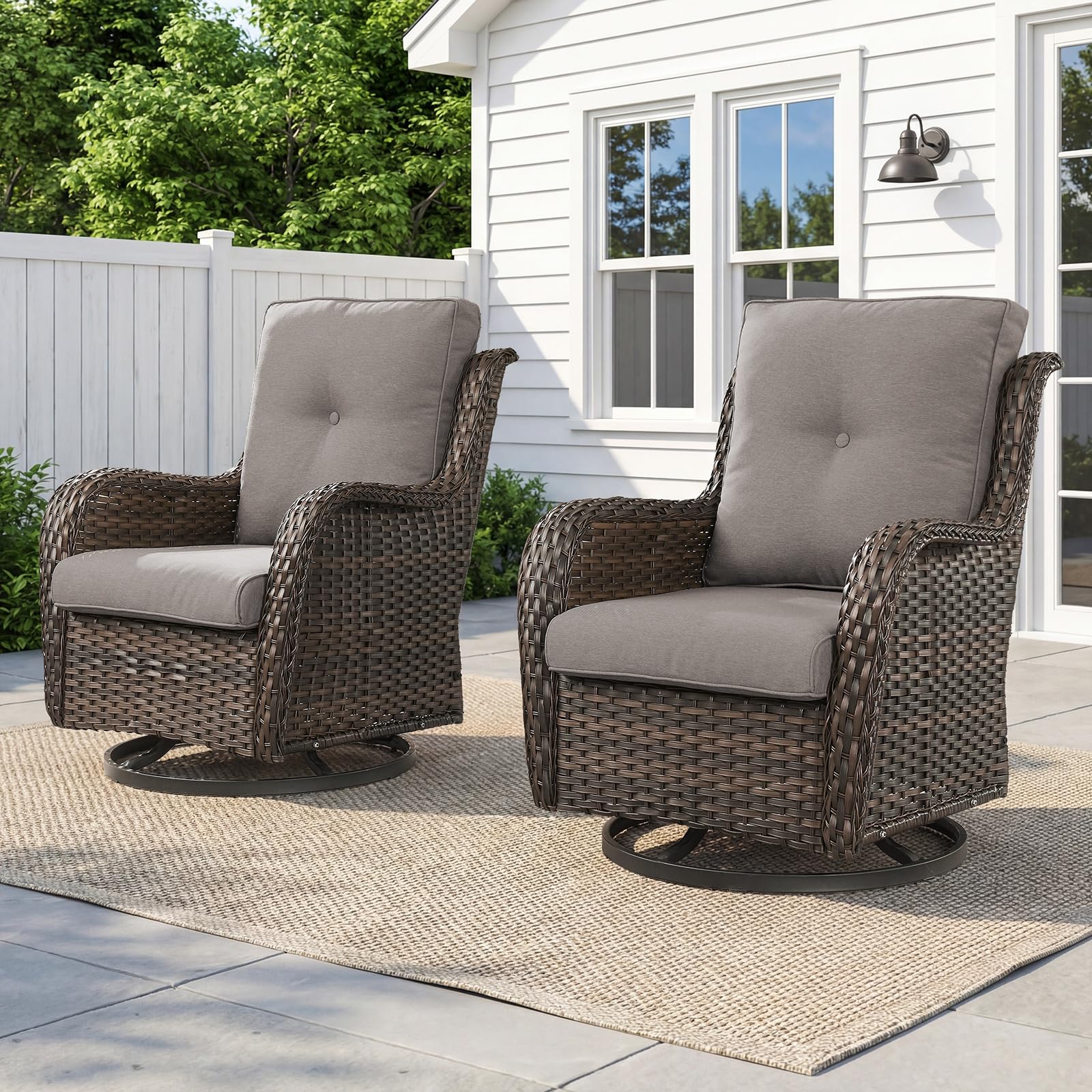 Wicker Swivel Glider Chairs Set of 2 – 360°, 5" Cushions, 300 LB, NTC Series - Brown Wicker / Grey Cushion