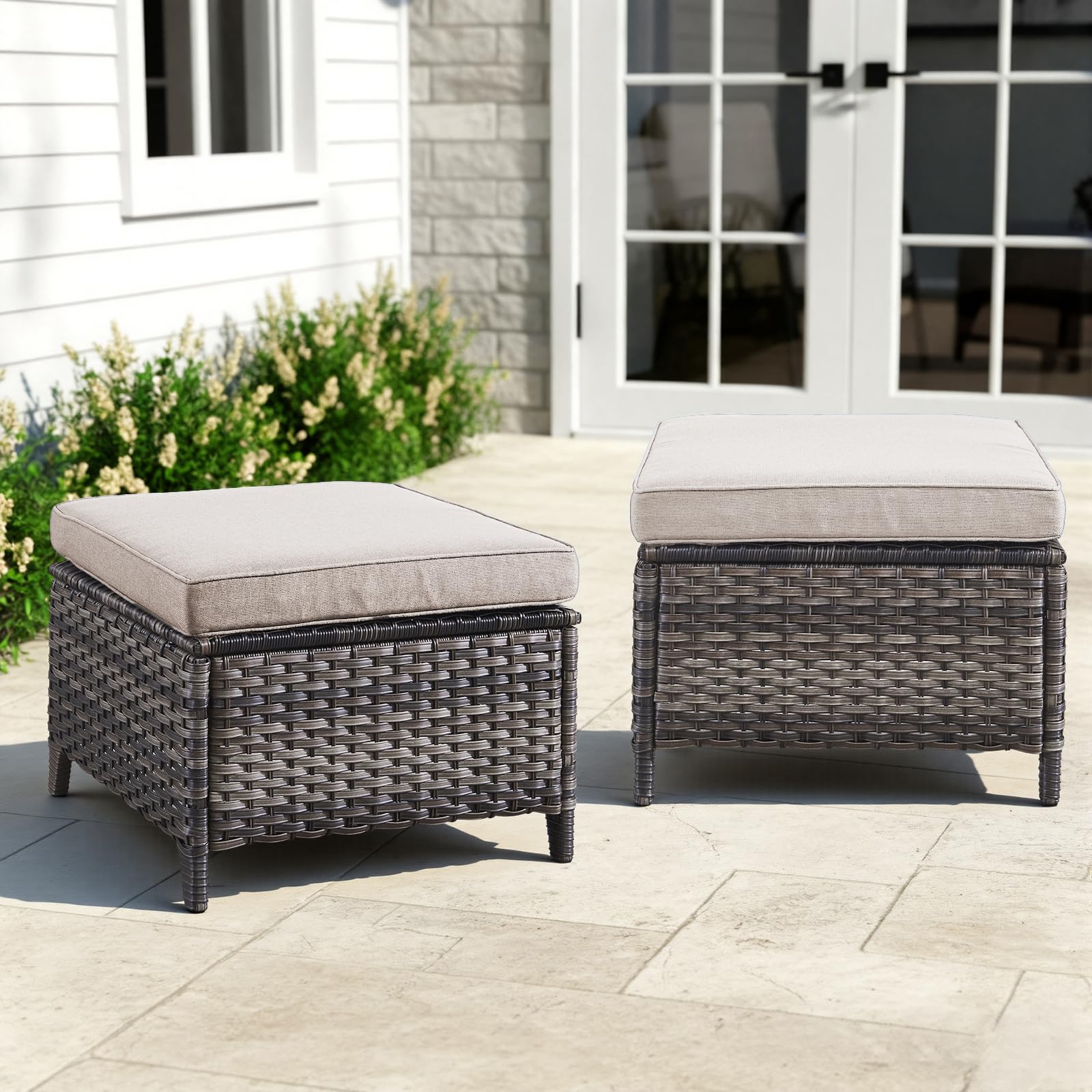 2 Pieces Patio Wicker Ottoman Set, Side Table Use, NTC Series - Mixed Grey Wicker / Beige Cushion