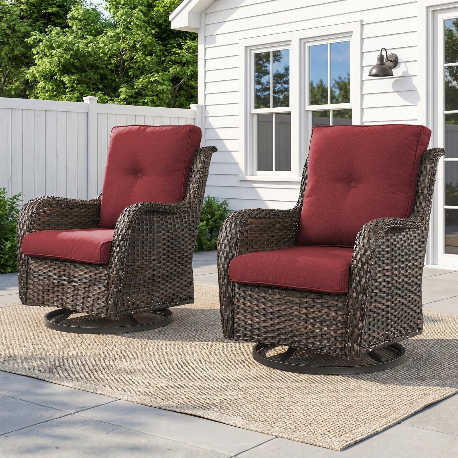 Wicker Swivel Glider Chairs Set of 2 – 360°, 5" Cushions, 300 LB, NTC Series - Brown Wicker / Red Cushion