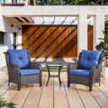 3 Piece Outdoor Furniture Set Patio Chairs with Side Table, NTC Series - Brown Wicker / Blue Cushion