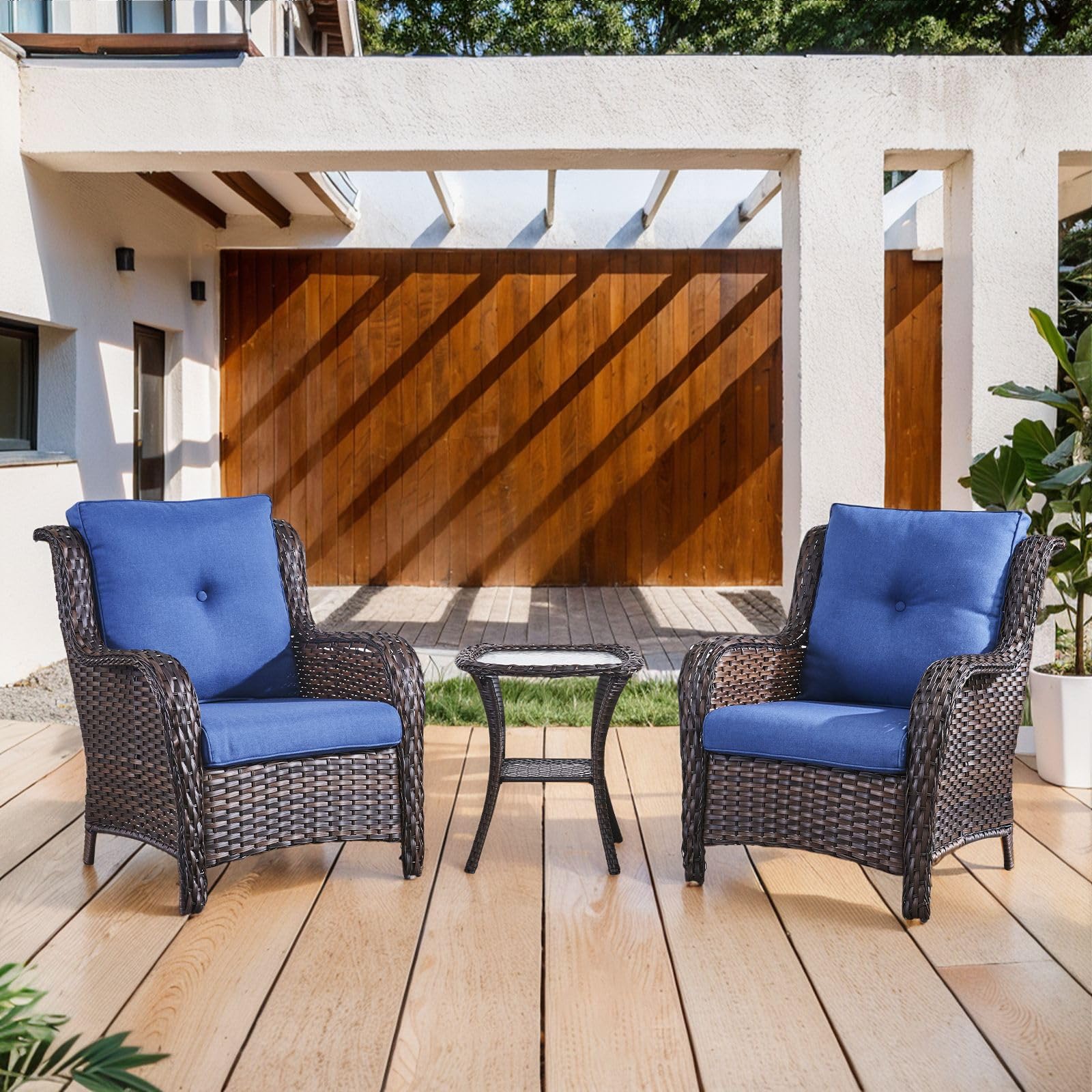 3 Piece Outdoor Furniture Set Patio Chairs with Side Table, NTC Series - Brown Wicker / Blue Cushion