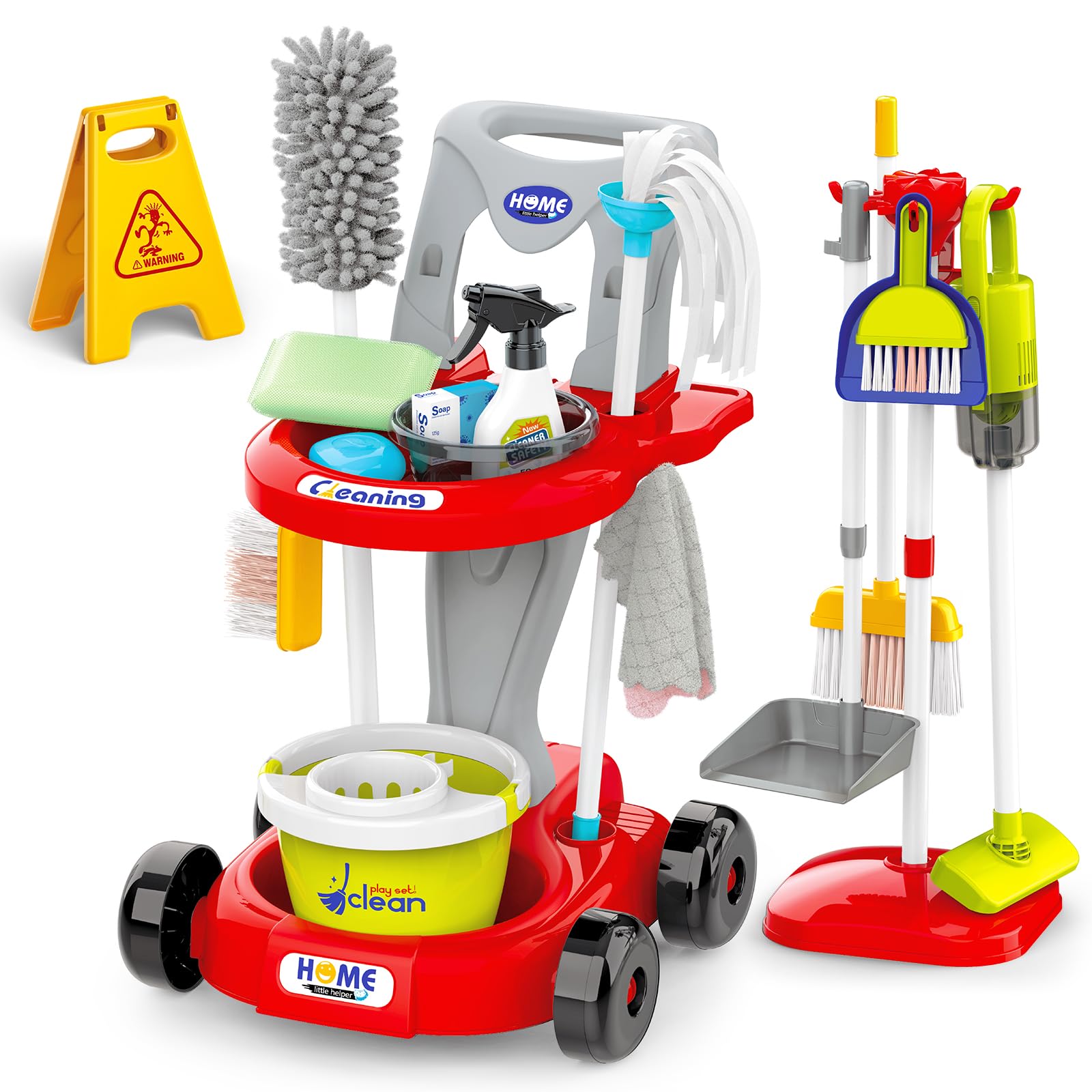 Kids Cleaning Toy Set 29PCS, Toddler Cleaning Set with Broom and Dustpan Set, Housekeeping Pretend Play Toys with Kids Vacuum, Duster, Brush, - RED