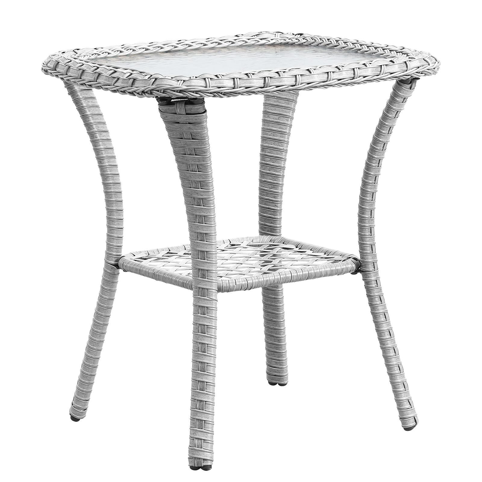 Square Outdoor Wicker Side Table, Glass Top & Storage Shelf, NTC Series - Light Grey Wicker