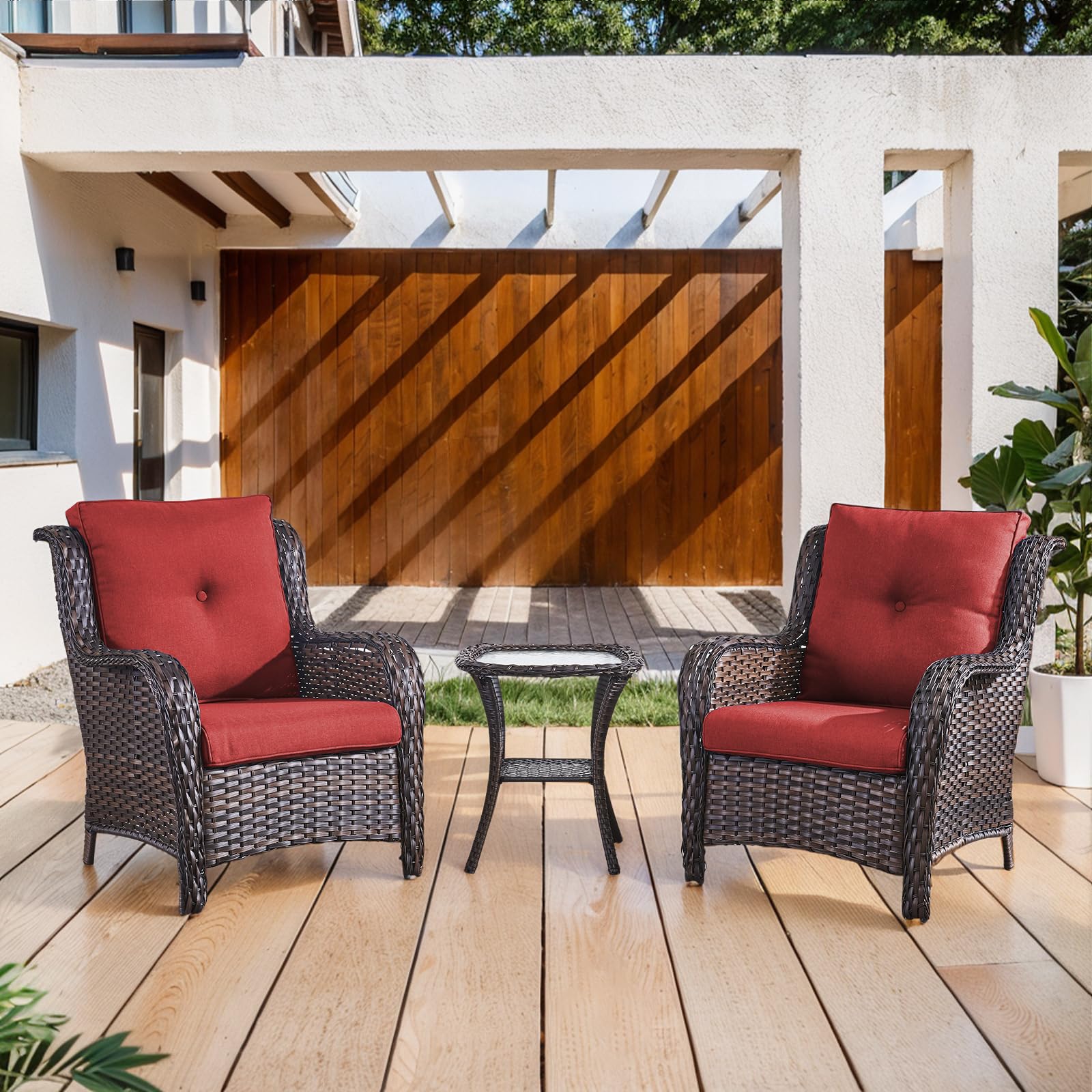 3 Piece Outdoor Furniture Set Patio Chairs with Side Table, NTC Series - Brown Wicker / Red Cushion