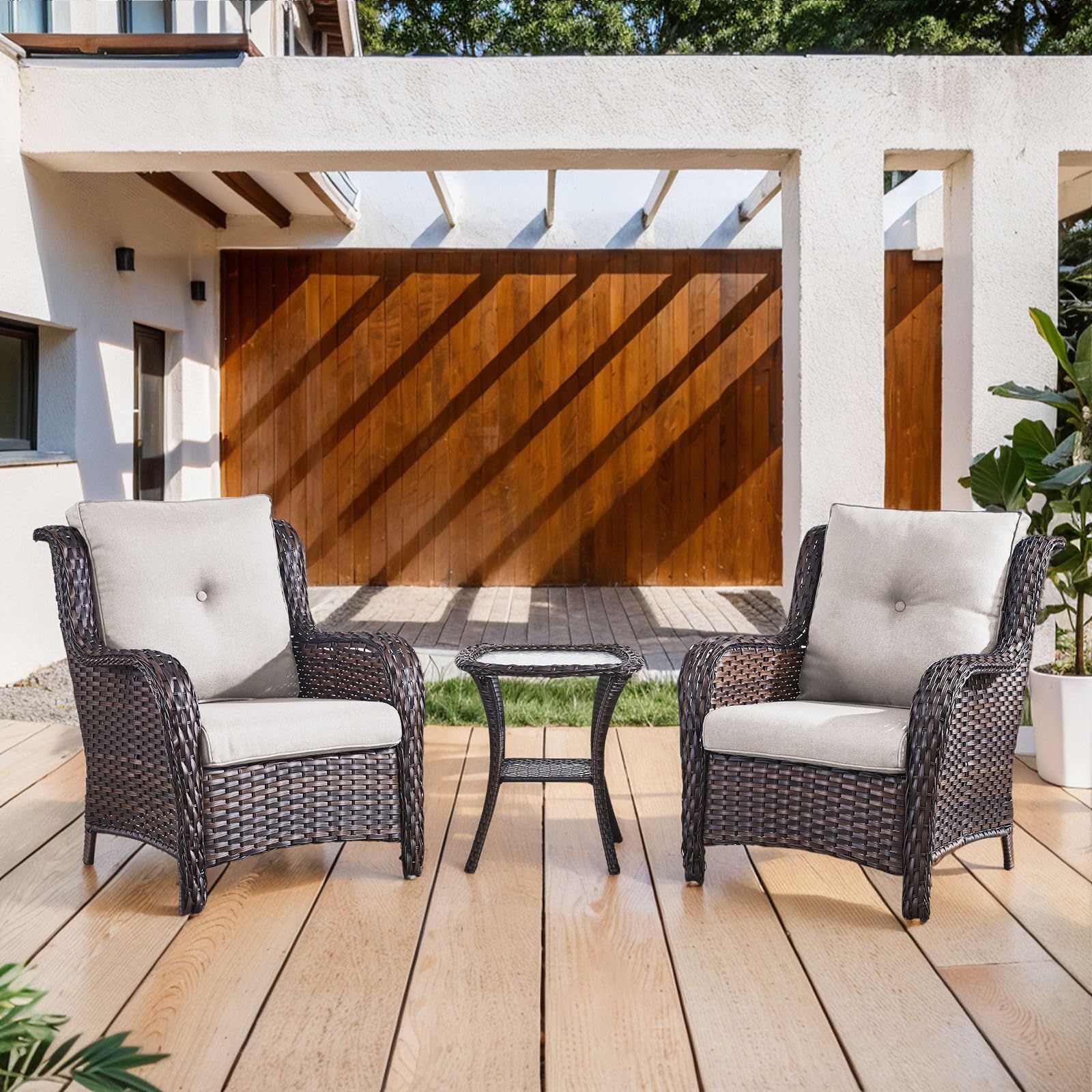 3 Piece Outdoor Furniture Set Patio Chairs with Side Table, NTC Series - Brown Wicker / Beige Cushion
