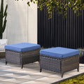 2 Pieces Patio Wicker Ottoman Set, Side Table Use, NTC Series - Brown Wicker / Blue Cushion