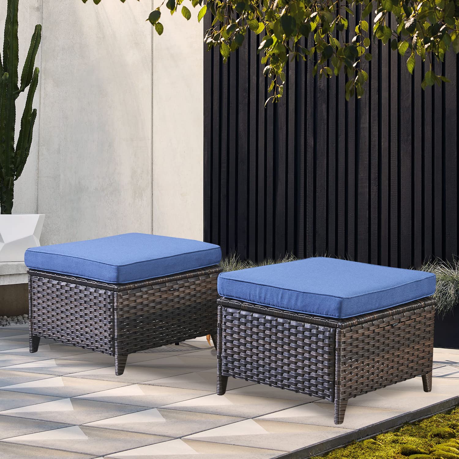 2 Pieces Patio Wicker Ottoman Set, Side Table Use, NTC Series - Brown Wicker / Blue Cushion