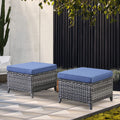 2 Pieces Patio Wicker Ottoman Set, Side Table Use, NTC Series - Mixed Grey Wicker / Blue Cushion