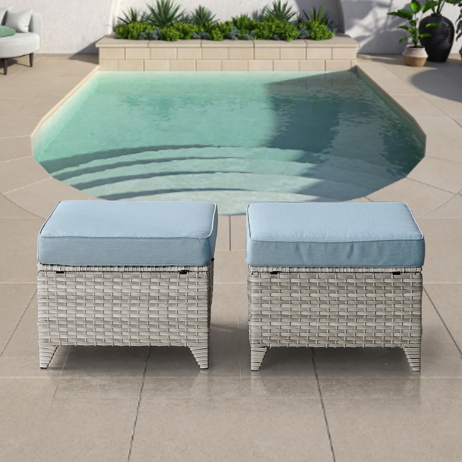 2 Pieces Patio Wicker Ottoman Set, Side Table Use, NTC Series - Light Grey Wicker / Baby Blue Cushion
