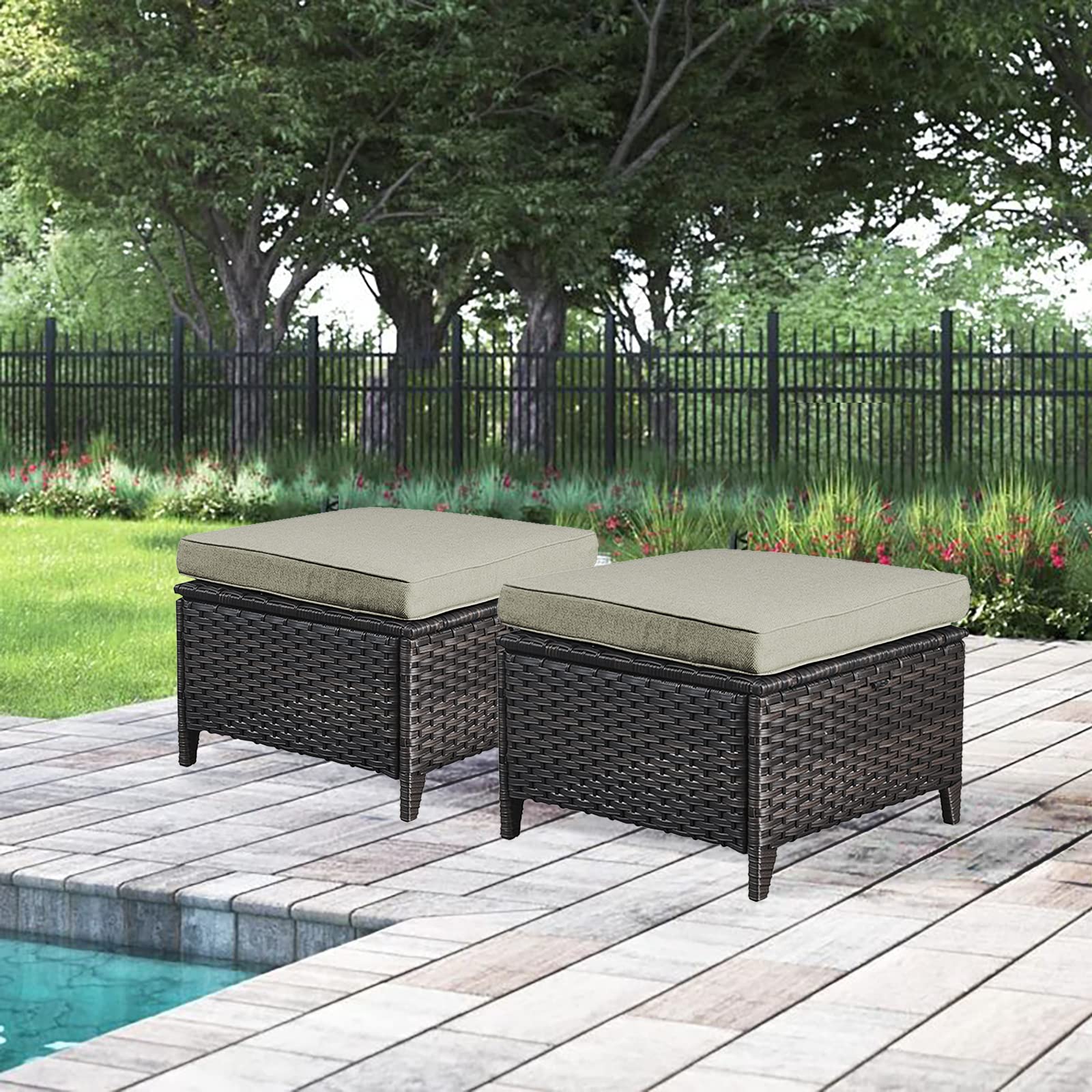 2 Pieces Patio Wicker Ottoman Set, Side Table Use, NTC Series - Brown Wicker / Beige Cushion
