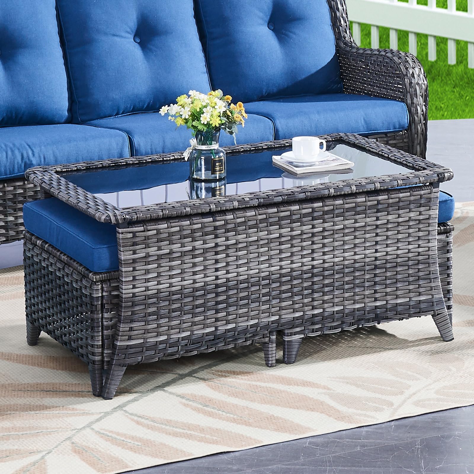 Outdoor Wicker Coffee Table – Glass Top, Ottoman Storage, NTC Series - Mixed Grey Wicker