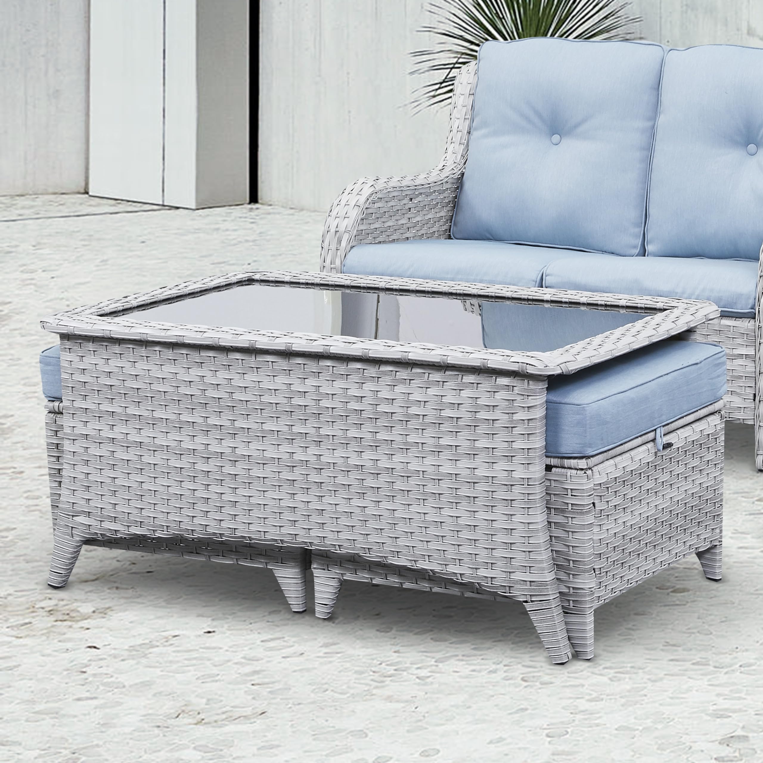 Outdoor Wicker Coffee Table – Glass Top, Ottoman Storage, NTC Series - Light Grey Wicker