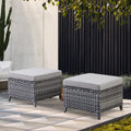 2 Pieces Patio Wicker Ottoman Set, Side Table Use, NTC Series - Mixed Grey Wicker / Grey Cushion