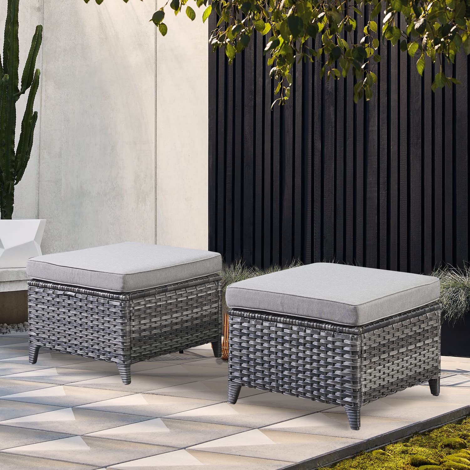 2 Pieces Patio Wicker Ottoman Set, Side Table Use, NTC Series - Mixed Grey Wicker / Grey Cushion