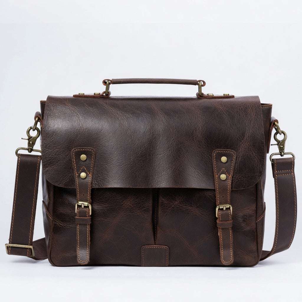 Men's 15" Genuine Leather Messenger Bag - Coffee