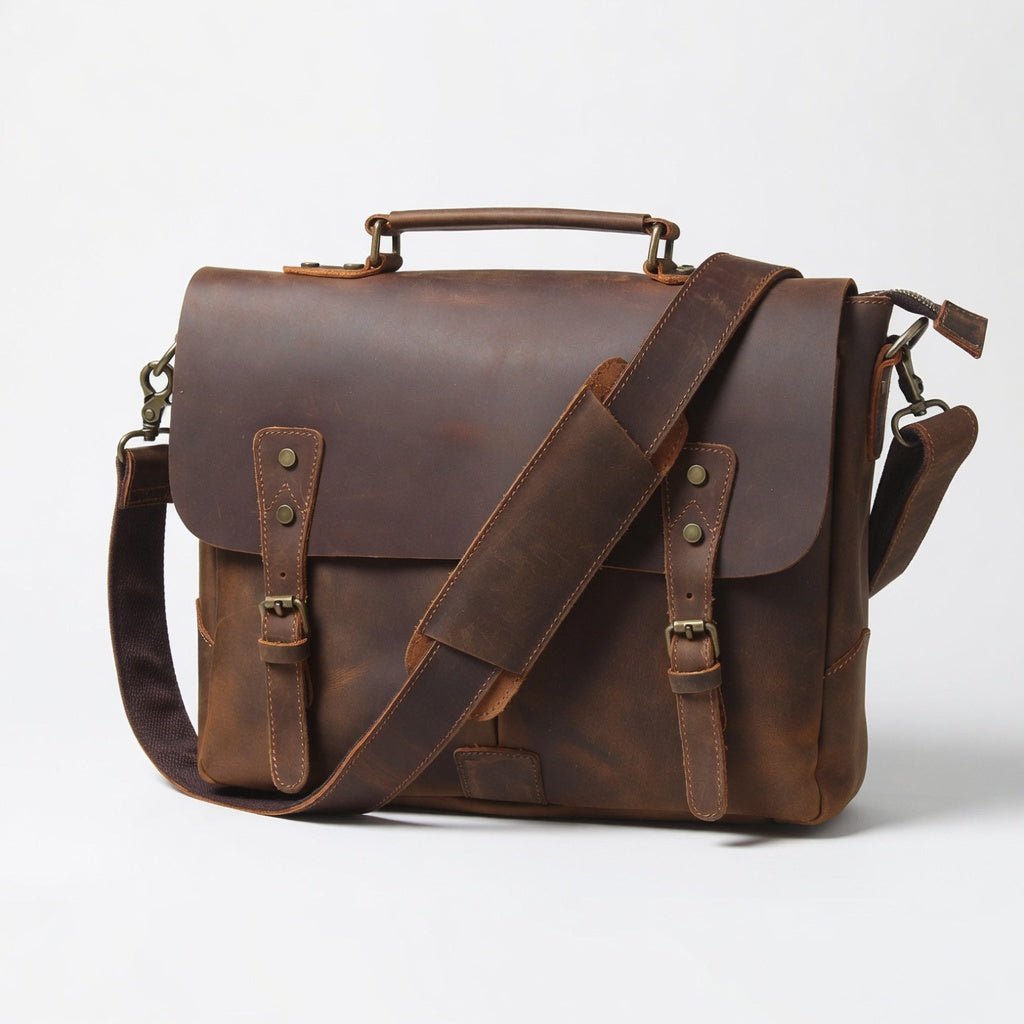 Men's 15" Genuine Leather Messenger Bag - Brown