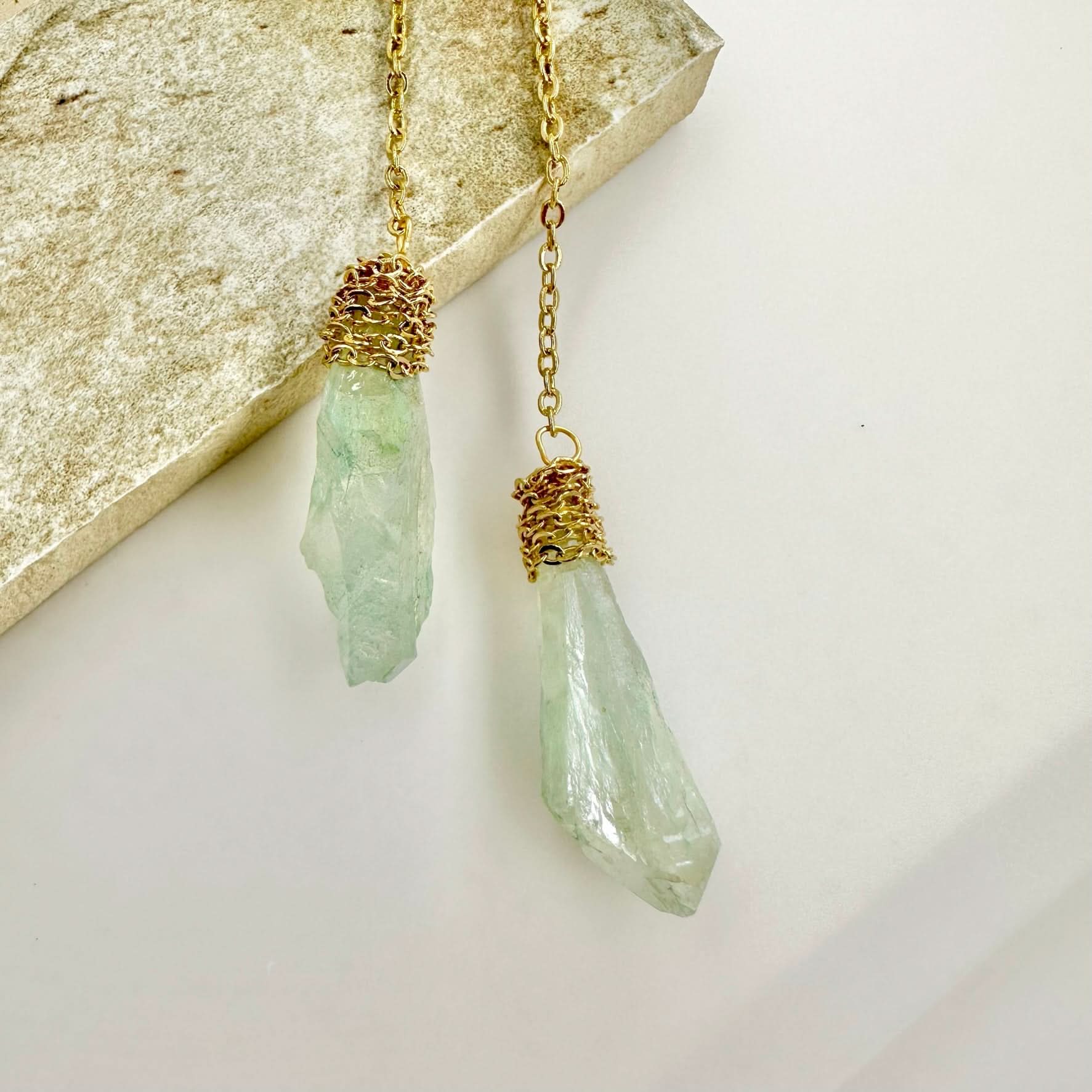 Natural Crystal Drop Chain Earrings - Green
