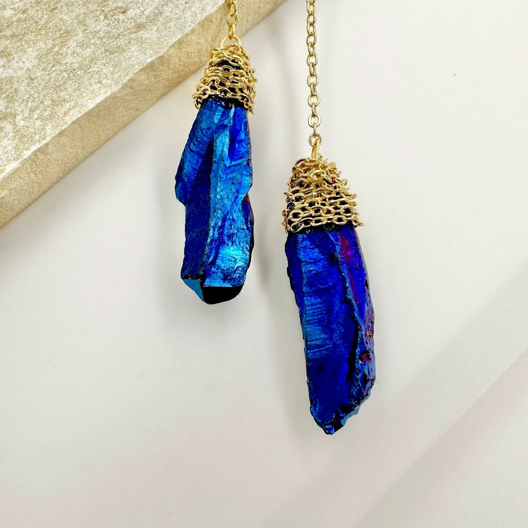 Natural Crystal Drop Chain Earrings - Blue