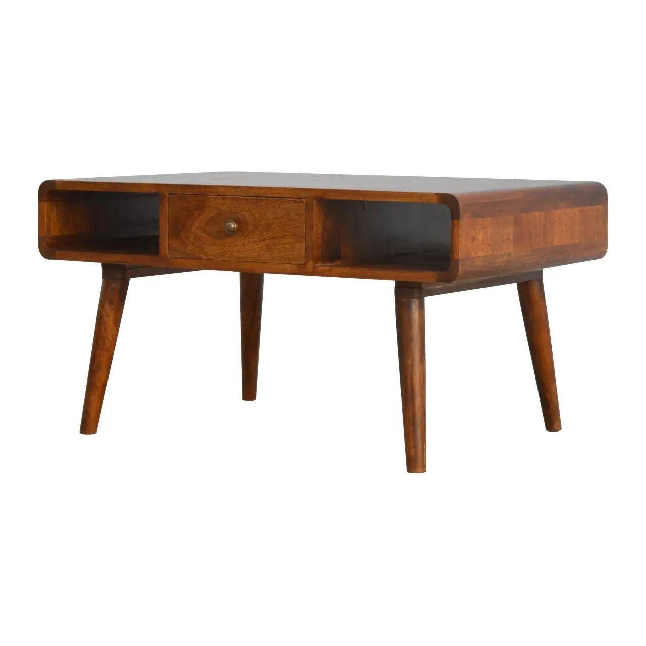 Curved Chestnut Coffee Table – 100% Solid Mango Wood, Nordic Design, 2 Drawers & Open Storage