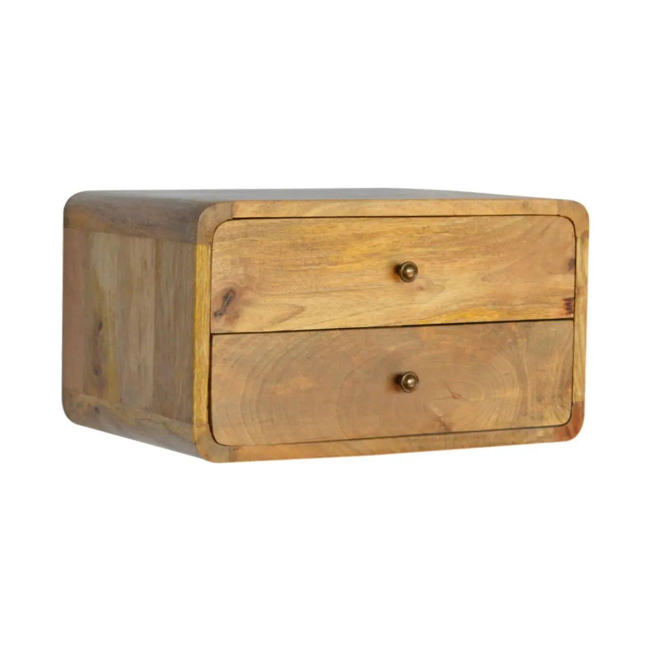 Solid Mango Wood Oak-Ish 2 Drawer Floating Bedside Table