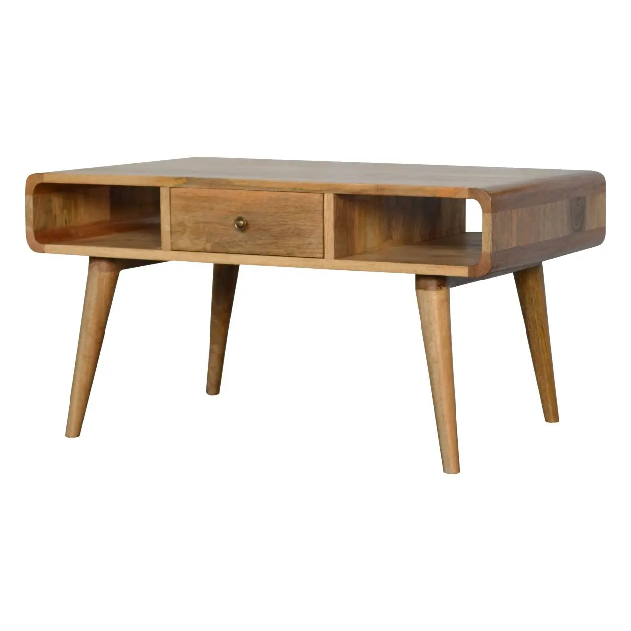 Curved Oak-Ish Coffee Table – 100% Solid Mango Wood with Storage