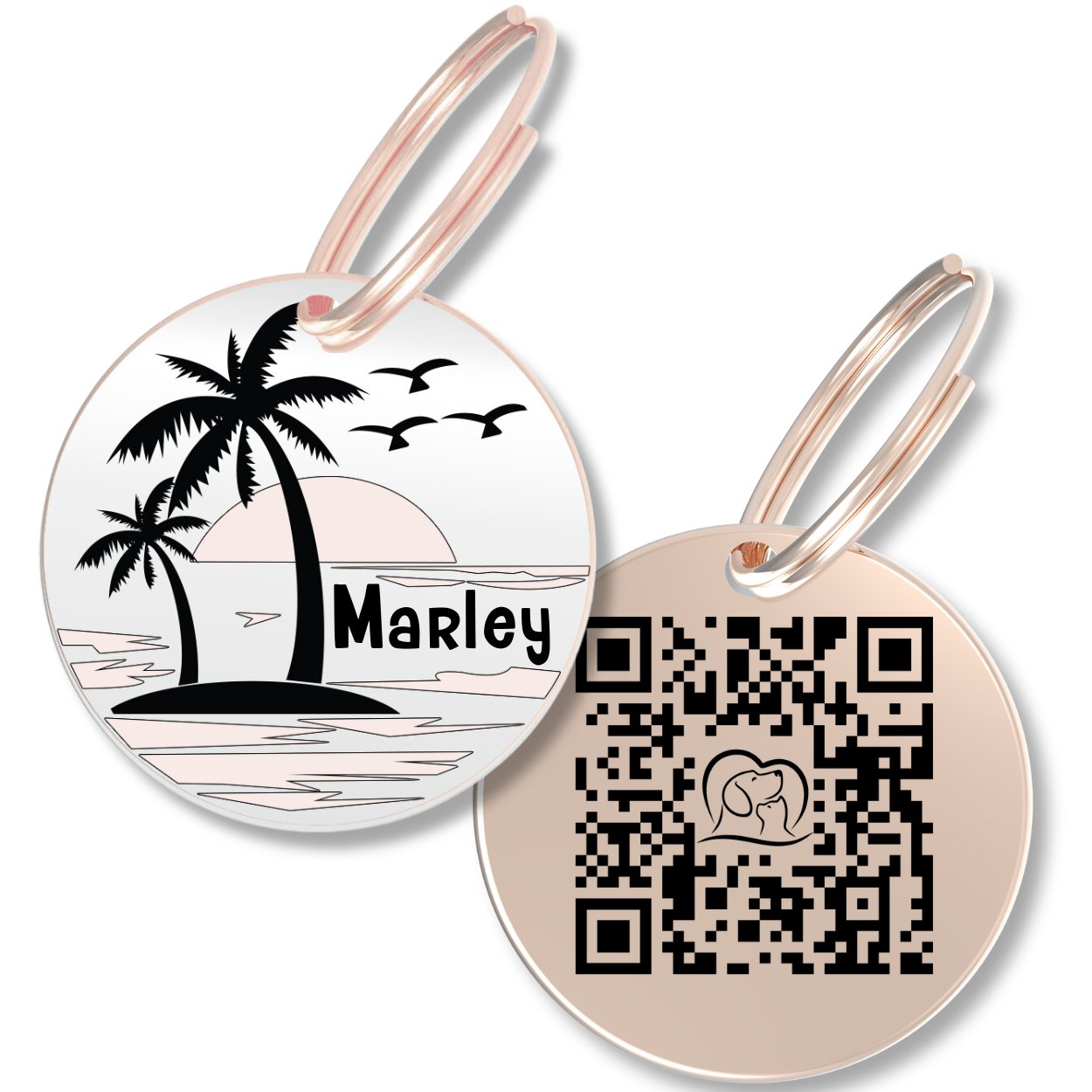 Personalized QR Code Dog Tag Ensure Your Pet's Safety Always (Rose Gold, Beach)
