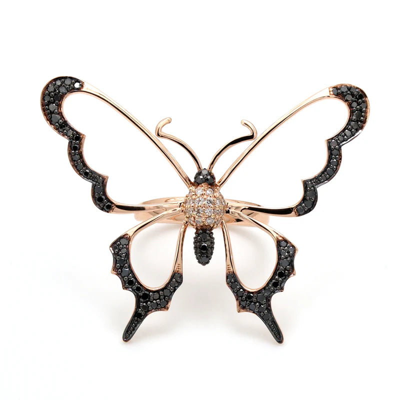 0.80 Carat Round Cut Butterfly Black And White Diamond Ring - 14K White Gold